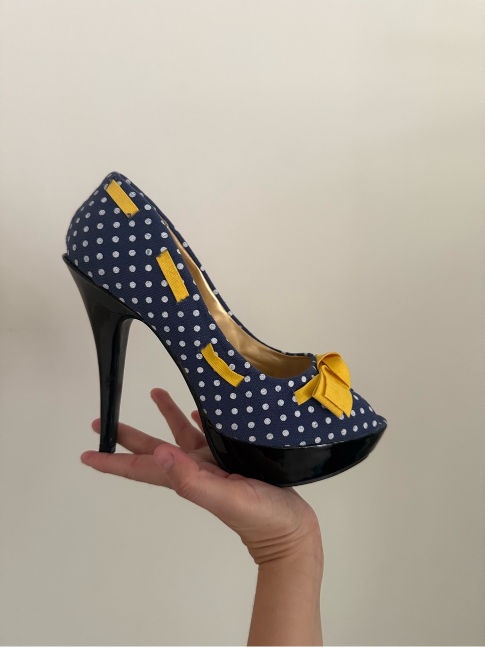 Navy Polka Dot Peep-Toe Heel with Yellow Bow Accent